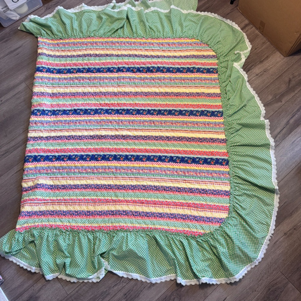 Vtg Patchwork Quilt Blanket 70s 80s Colorful Flowers Checkers Gingham Ruffled
